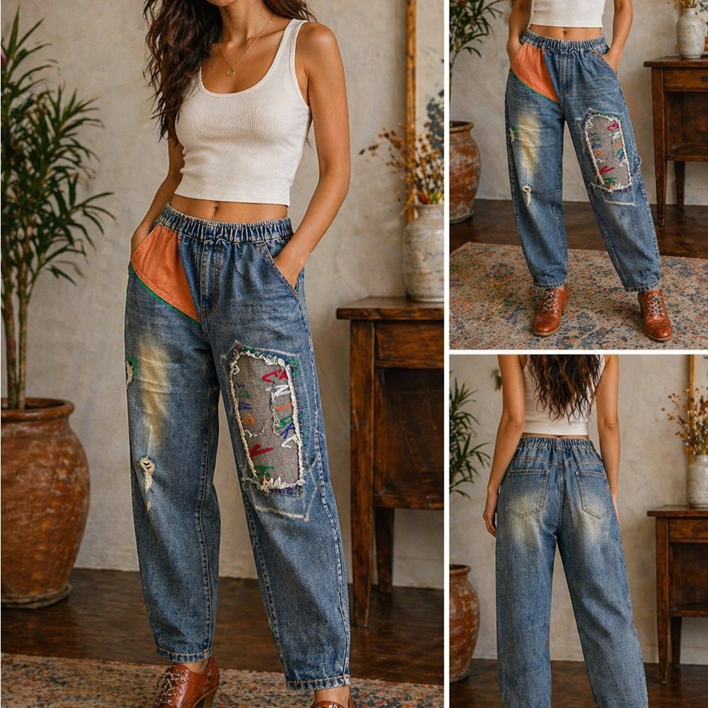 Elastic Waist Boyfriend Jeans with Orange Pocket Accent - Blue
